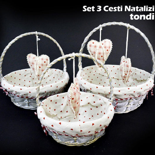 Set 3 Cestini Natalizi Tondi In Vimini E Tessuto Diametro 38/33/28 Cm Grigio