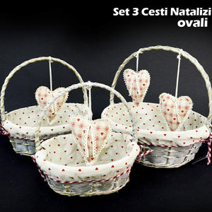 SET 3 CESTINI NATALIZI OVALI IN VIMINI E TESSUTO DIAMETRO 39/34/29 CM GRIGIO