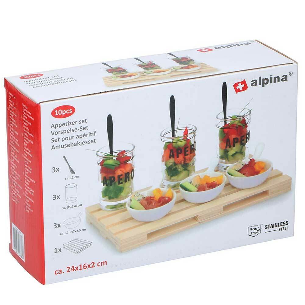 Set Aperitivo Vassoio Pallet + 3 Ciotole + Bicchieri e Cucchiaini Stuzzichini