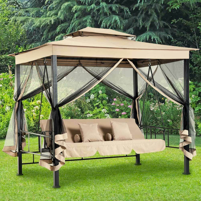 Dondolo Letto 3 Posti Con Gazebo Parasole Zanzariera Giardino Beige 257x174x235