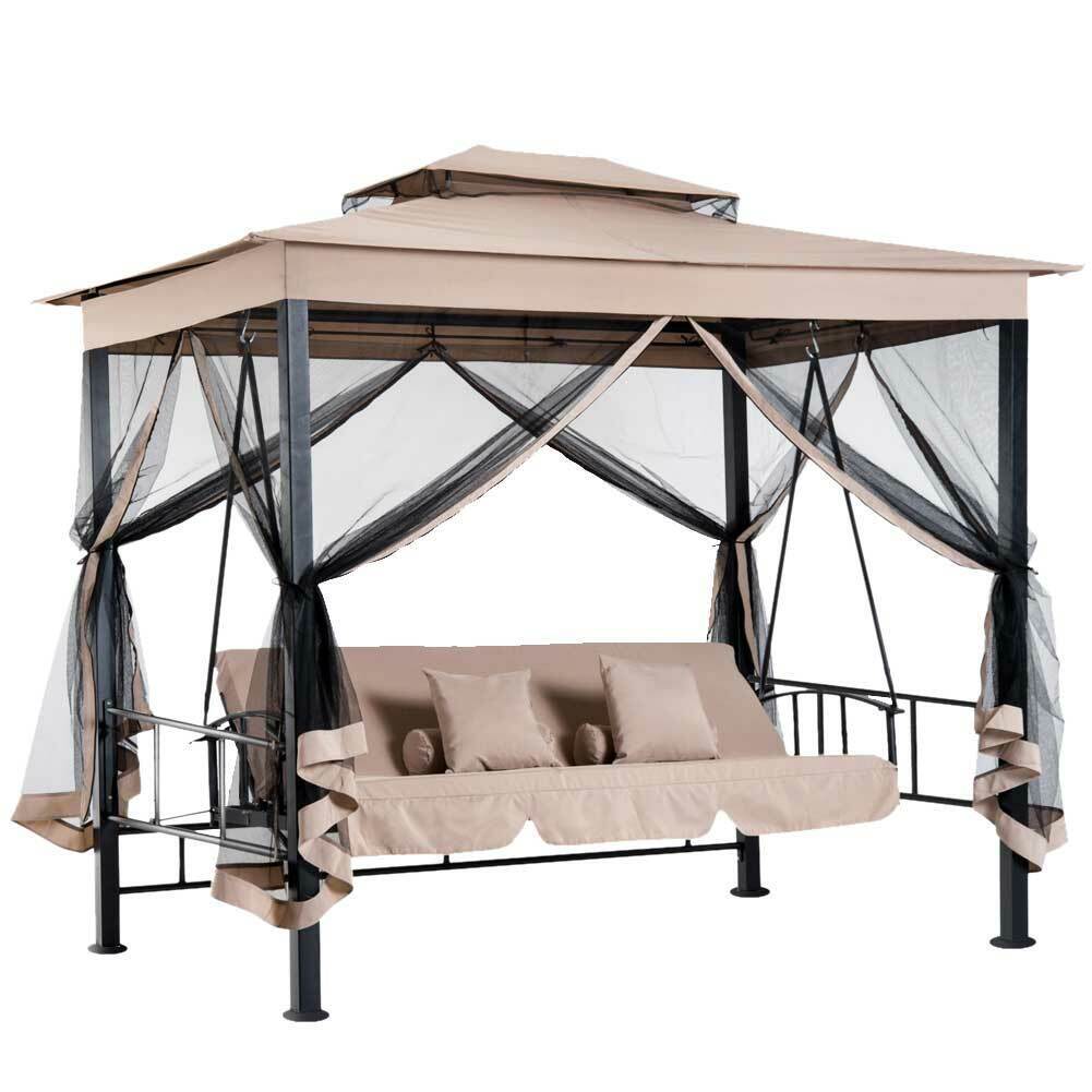 Dondolo Letto 3 Posti Con Gazebo Parasole Zanzariera Giardino Beige 257x174x235