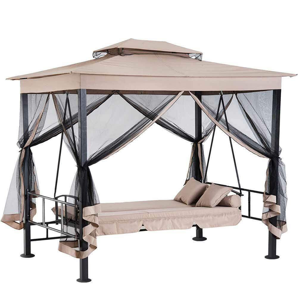 Dondolo Letto 3 Posti Con Gazebo Parasole Zanzariera Giardino Beige 257x174x235