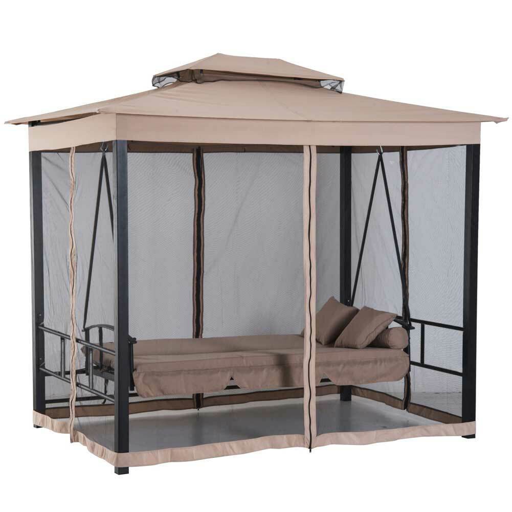 Dondolo Letto 3 Posti Con Gazebo Parasole Zanzariera Giardino Beige 257x174x235