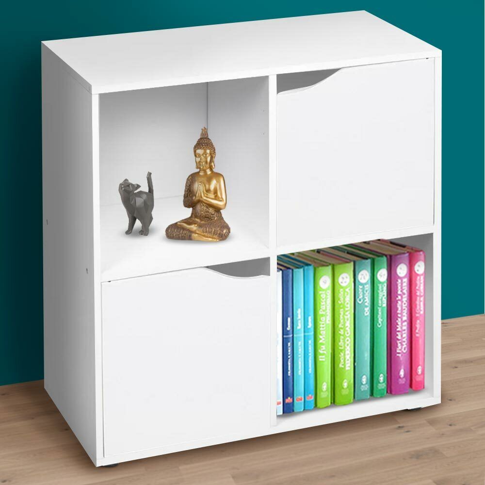 Mobile Armadio Libreria Bassa Design Cubo Moderno 4 Ripiani 2 Ante 60x29cm Bianc