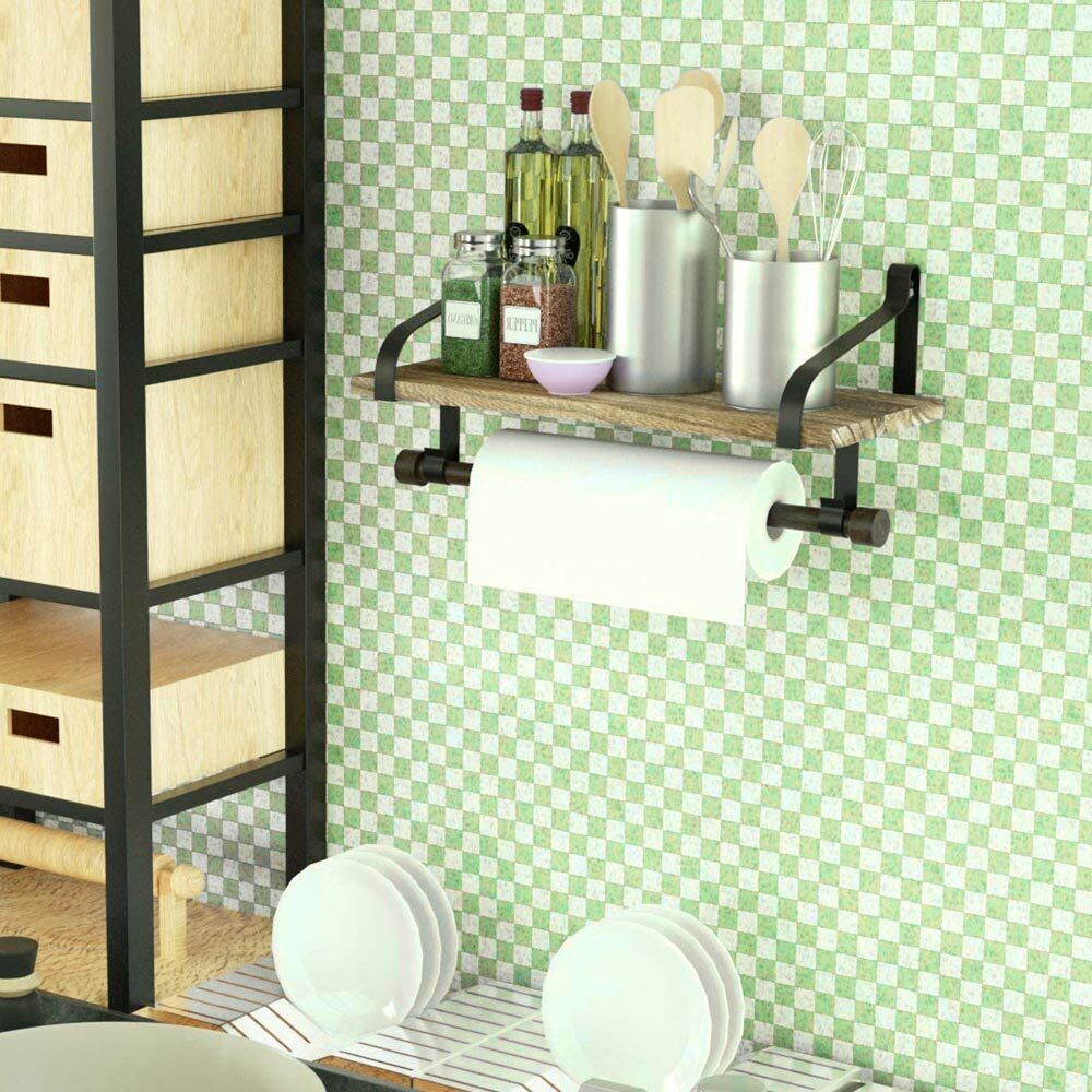 Mensola da Parete Legno e Metallo Design Moderno con Asta e Ganci Bagno Cucina