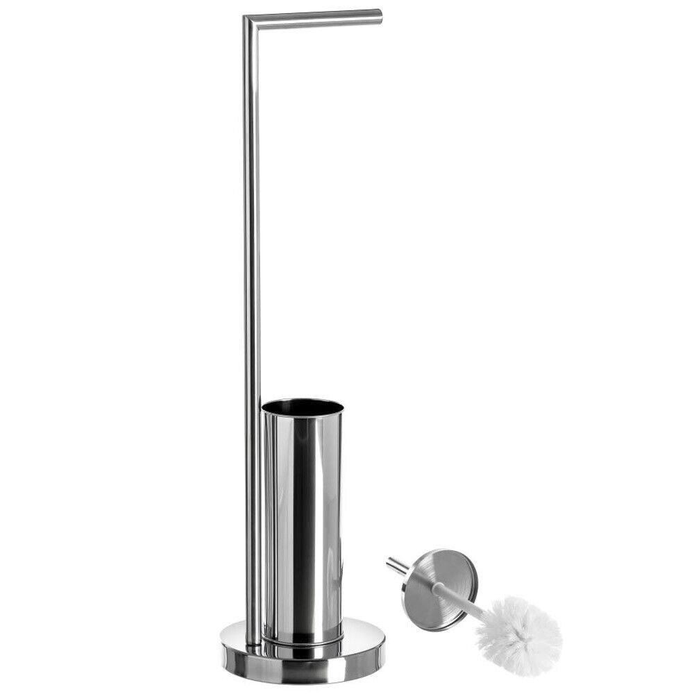 Portarotolo Con Porta Scopino Bagno In Acciaio Inox e Cromato Silver 18x18x74cm