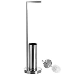 Portarotolo Con Porta Scopino Bagno In Acciaio Inox e Cromato Silver 18x18x74cm