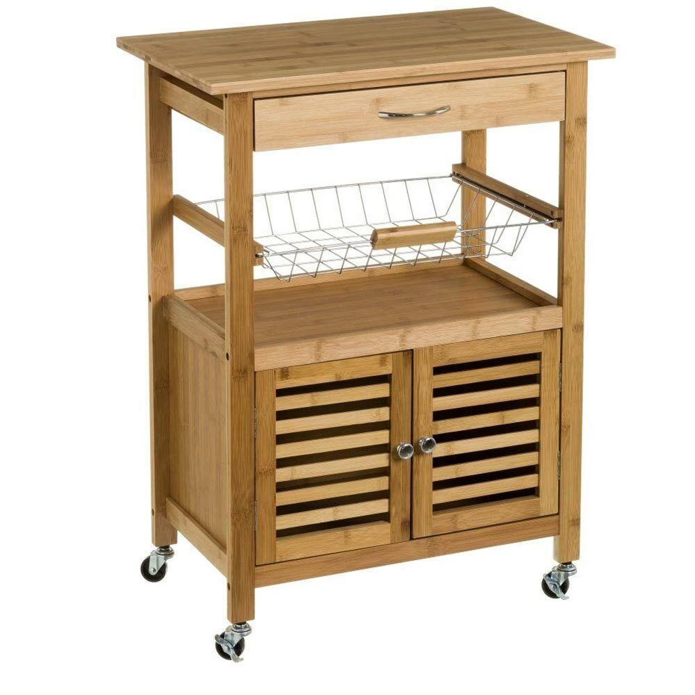 Carrello Cucina Legno Bambu con Cassetto Cestello e Mobiletto 2 Ante 4 Ruote