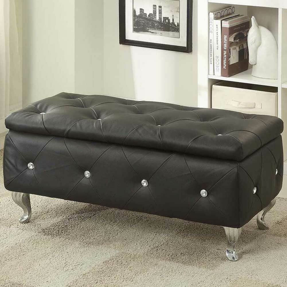 Cassapanca Pouf Contenitore Panca Sgabello Poggiapiedi Legno Ecopelle Nero