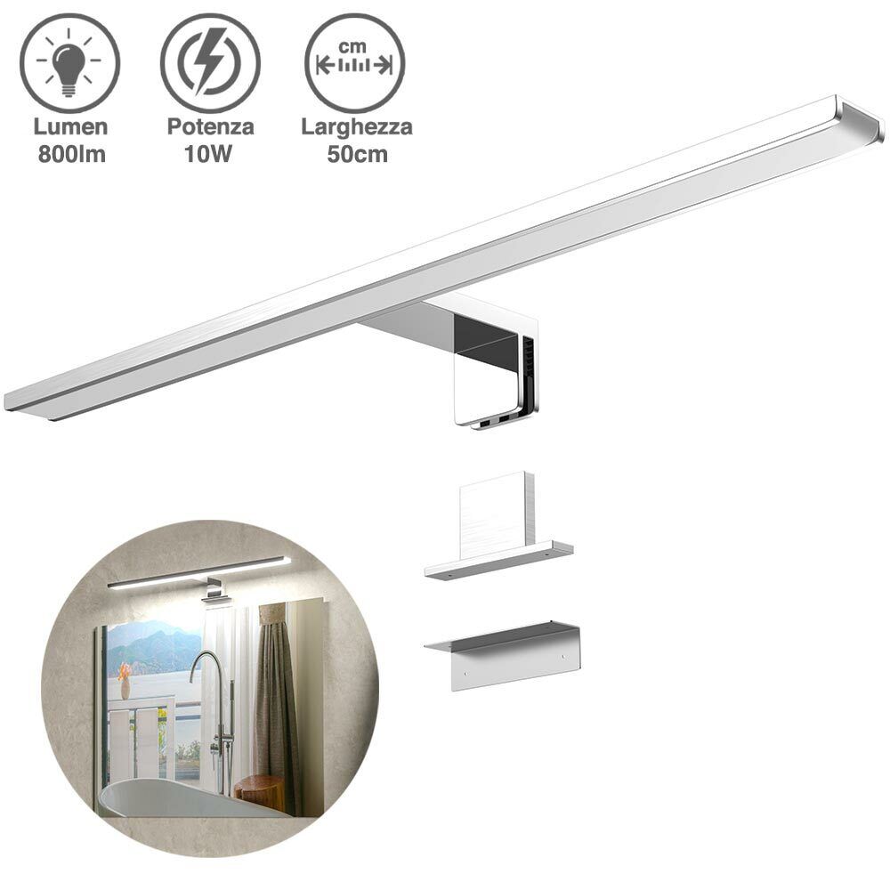 Lampada Specchio Bagno Applique Parete 50cm Luce LED 10W 6500K 800lm Alluminio