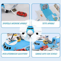 Playset Aereo Garage Giocattolo Bambini Aeroplano Apribile con 2 Macchinine