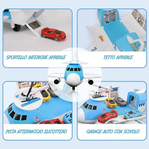 Playset Aereo Garage Giocattolo Bambini Aeroplano Apribile con 2 Macchinine