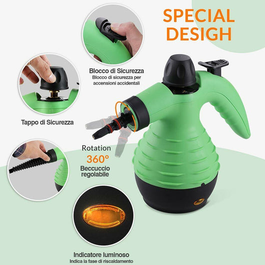 Pulitore a Vapore Portatile 1050W 300 ml 3 bar con Accessori Pulizia Verde