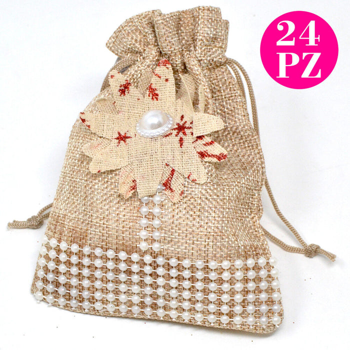 Set 24 Sacchetti per Confetti in Juta Beige con Fiore Perline e Laccio 14x11cm