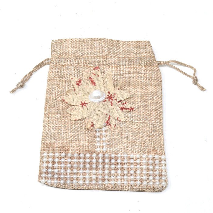 Set 24 Sacchetti per Confetti in Juta Beige con Fiore Perline e Laccio 14x11cm