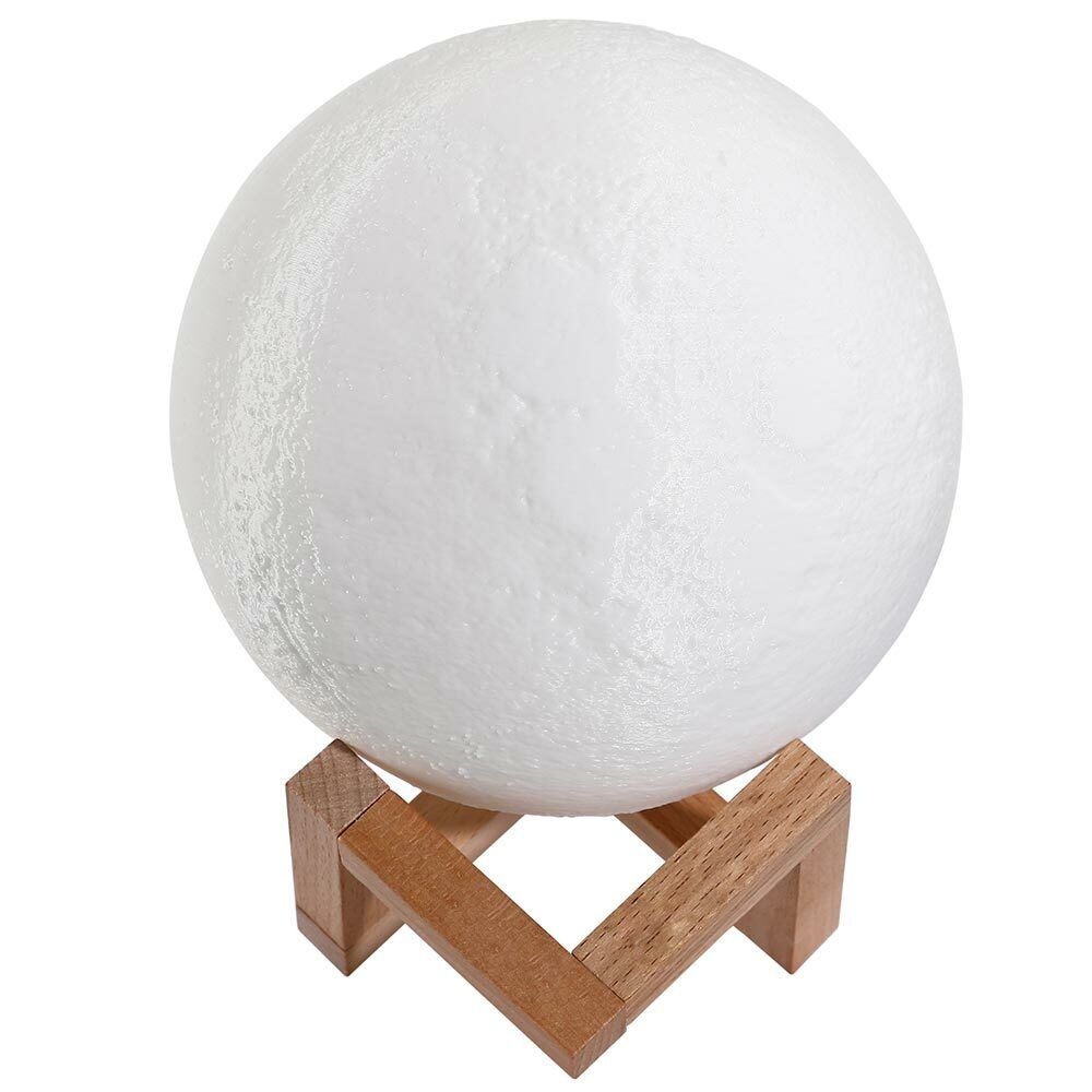 Lampada Tavolo Luna 15cm Luce LED 3 Colori Moon Lamp Batteria USB Supporto Legno