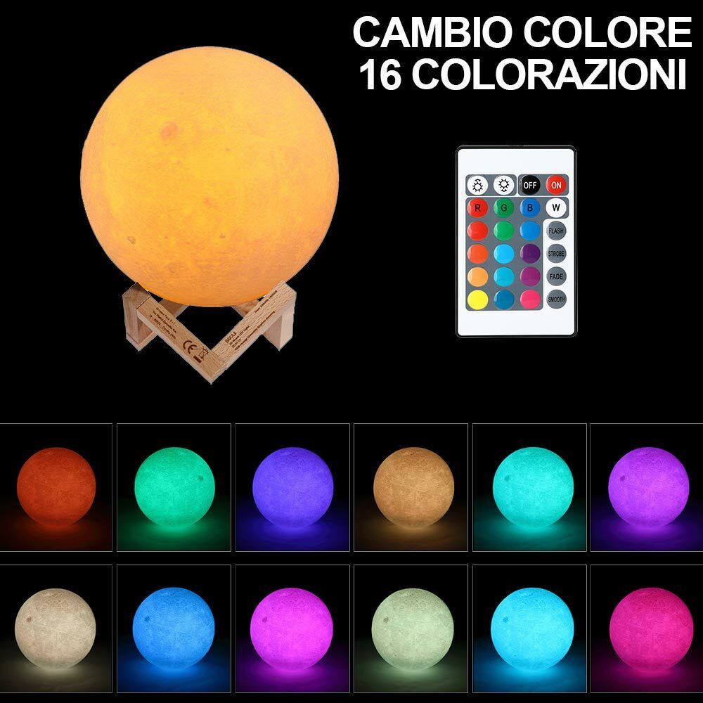 Lampada Tavolo Luna 15cm Luce LED RGB Cambio Colore Moon Lamp USB Telecomando