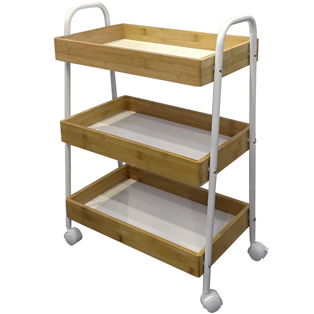 Carrello Trolley Cucina in Metallo 3 Ripiani in legno 4 Ruote Salvaspazio Bianco