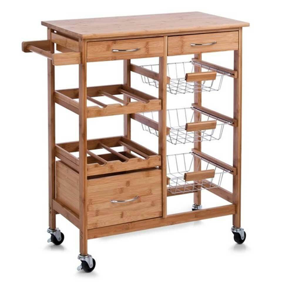 Carrello Cucina Legno Bambu 2 Cassetti Portaposate Portabottiglie 3 Ceste Ruote