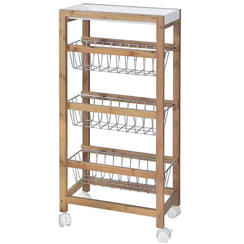 Carrello Cucina Slim Salvaspazio Legno Bambu 4 Ripiani 1 Vassoi 3 Cestelli Ruote