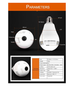 360° Panoramica Mini Wifi Ip Telecamera Lampadina Nascosta Camera 960p Lampada         