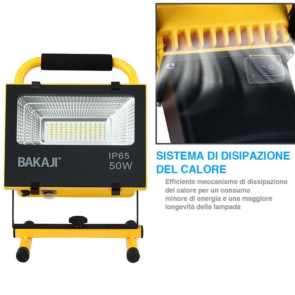 Lampada Faro Lavoro Portatile Torcia 50W 2500Lm a Batteria litio Luce Emergenza