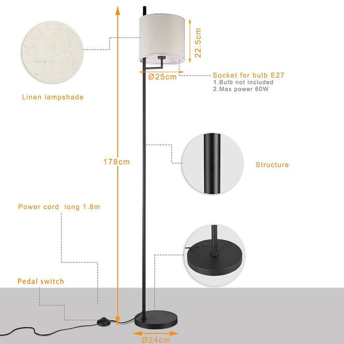 Lampada Piantana Terra Design Moderno Paralume E27 Tessuto e Metallo colore Nero