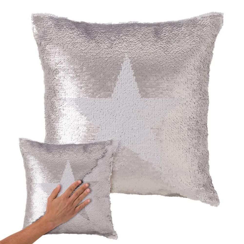 Cuscino Paillettes Federa Effetto Sirena Doppio Colore Bianco Silver con stella