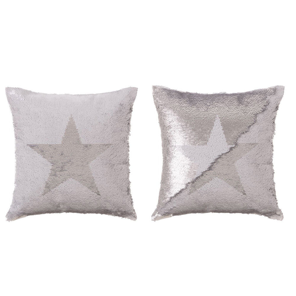 Cuscino Paillettes Federa Effetto Sirena Doppio Colore Bianco Silver con stella