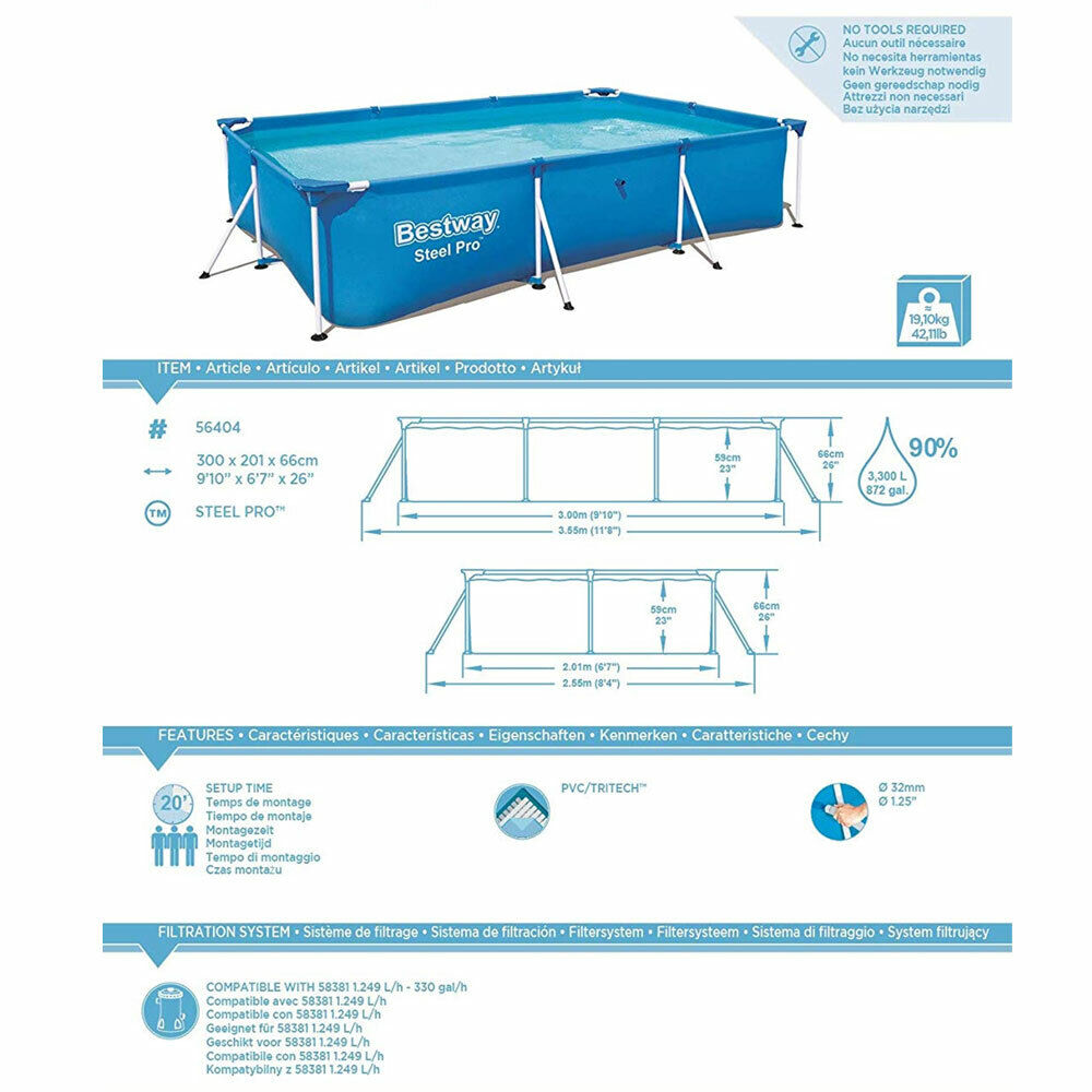 Piscina Rettangolare Fuori Terra Bestway Struttura in Acciaio 300x201x66cm 3300L