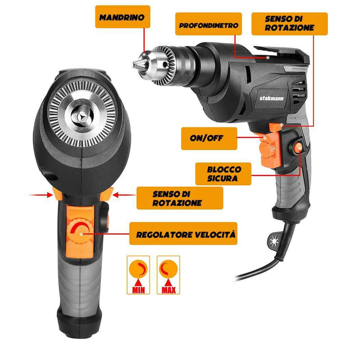 Valigetta Attrezzi 27pz + Trapano Avvitatore Elettrico 710W 3000rpm Mandrin 13mm