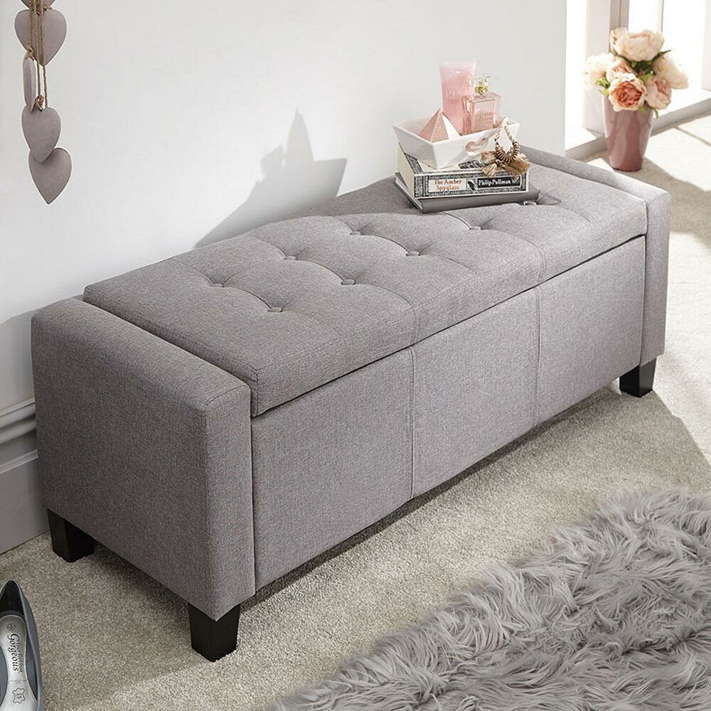 Cassapanca Pouf Contenitore Panca Sgabello Poggiapiedi in Tessuto Grigio Chiaro