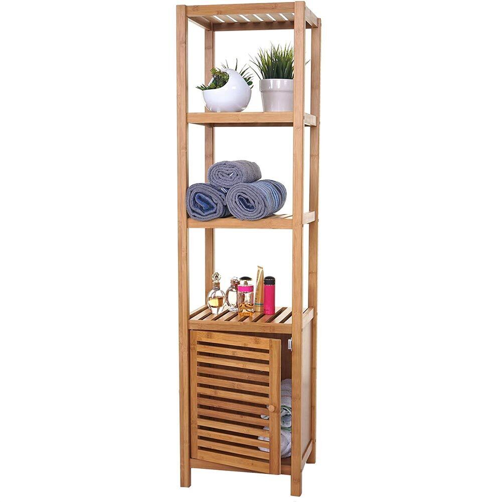 Mobile Scaffale Bagno a Colonna 4 Ripiani e Sportello Legno Bambu 36x33x140cm