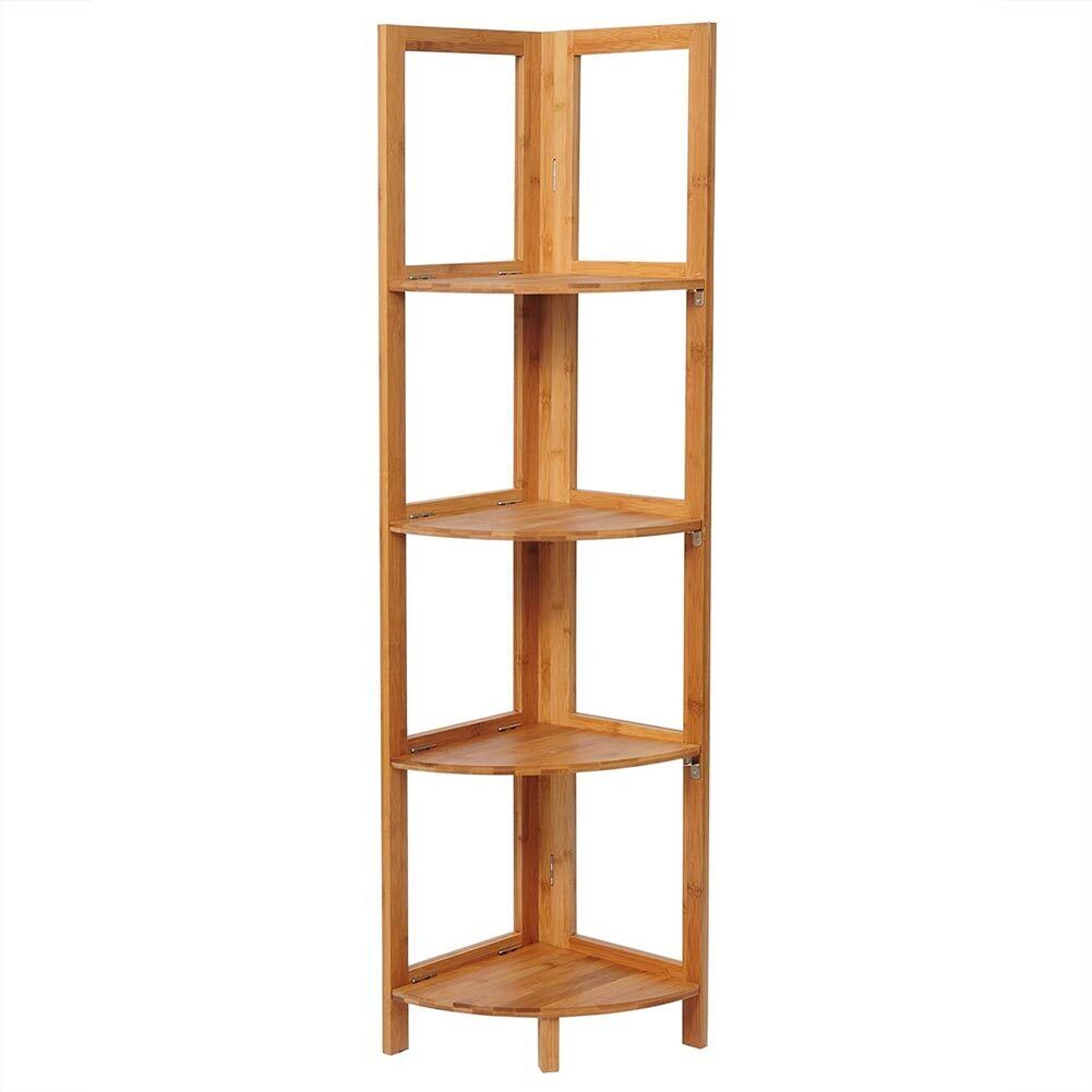 Libreria Scaffale Angolare Pieghevole 4 Ripiani Legno Bambu Mobile Angoliera