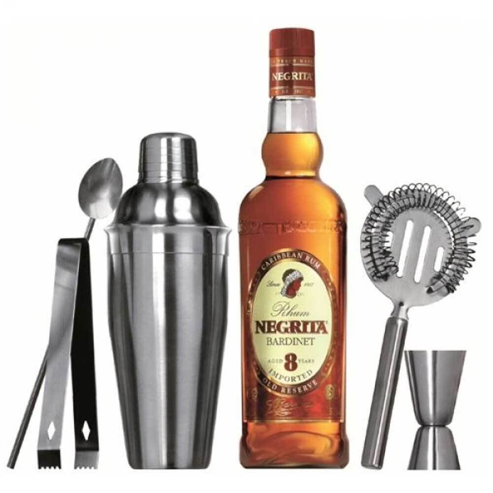 Set da Cocktail Con Shaker Pinza Ghiaccio Misurino Cucchiaio Strainer Barman 5 pezzi