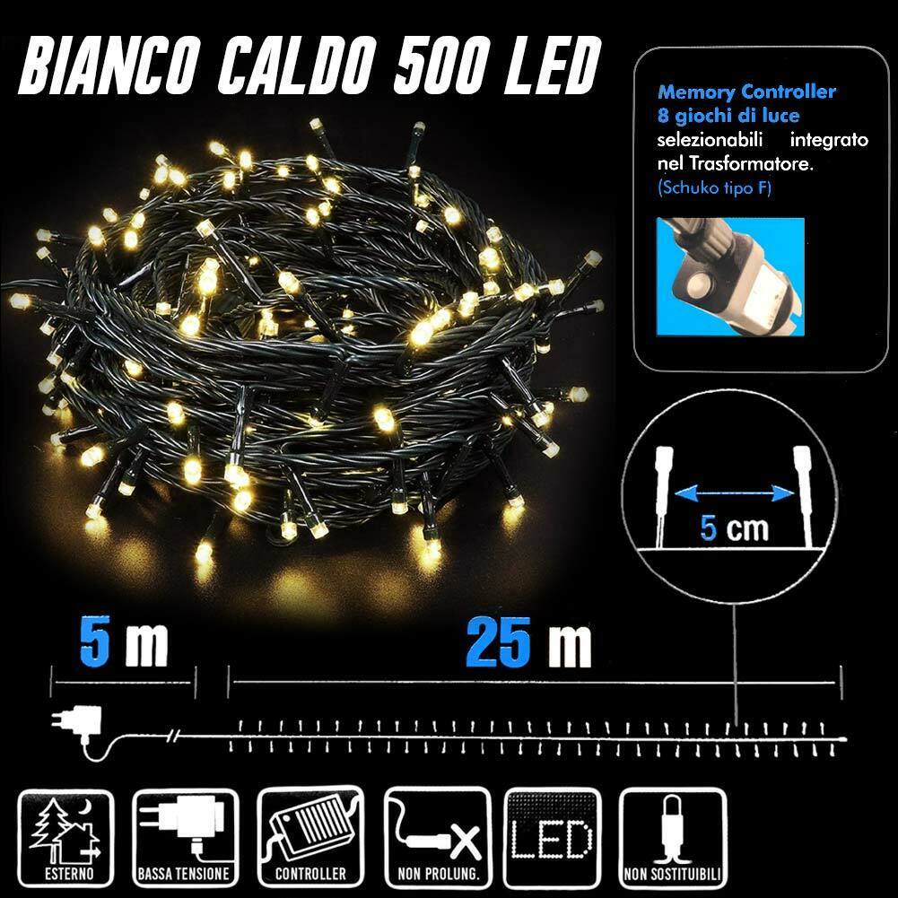 Catena Luminosa 500 Luci LED Lucciole Bianco Caldo Controller 8 Funzioni Esterno