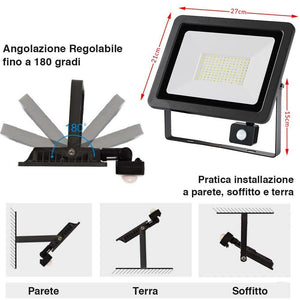 Faro LED 100W Luce Alta Luminosita 8000lm Faretto esterno con Sensore Movimento