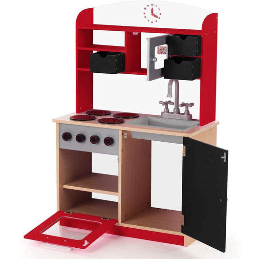 Cucina Legno Giocattolo per Bambini con Anta e Cassetti Lavagna 60x30x90cm Rosso