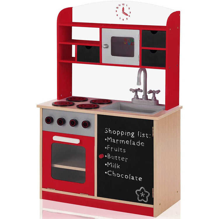 Cucina Legno Giocattolo per Bambini con Anta e Cassetti Lavagna 60x30x90cm Rosso