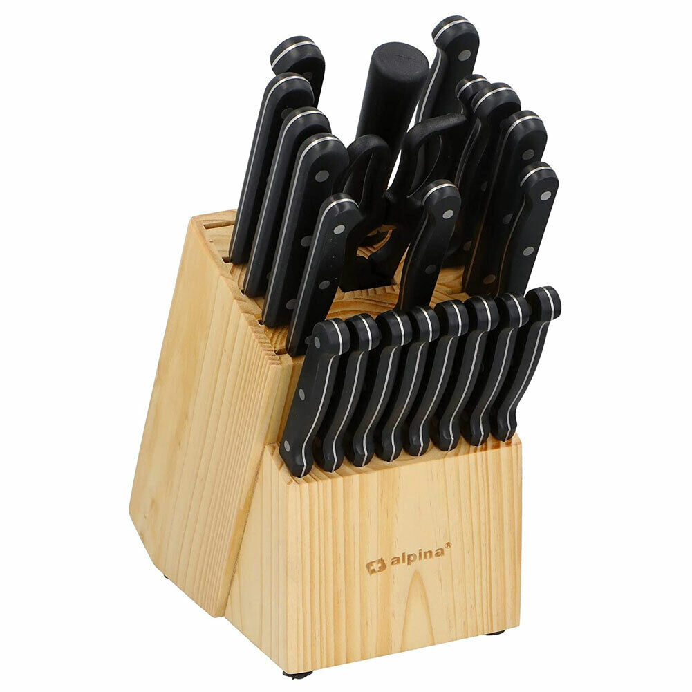 Set Coltelli In Acciaio + Ceppo Portacoltelli Legno 22 Pezzi con Forbici Cucina