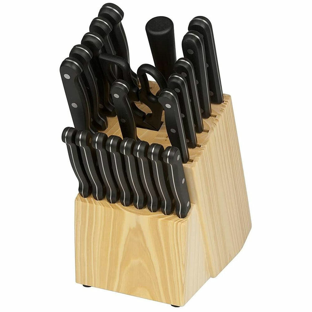 Set Coltelli In Acciaio + Ceppo Portacoltelli Legno 22 Pezzi con Forbici Cucina