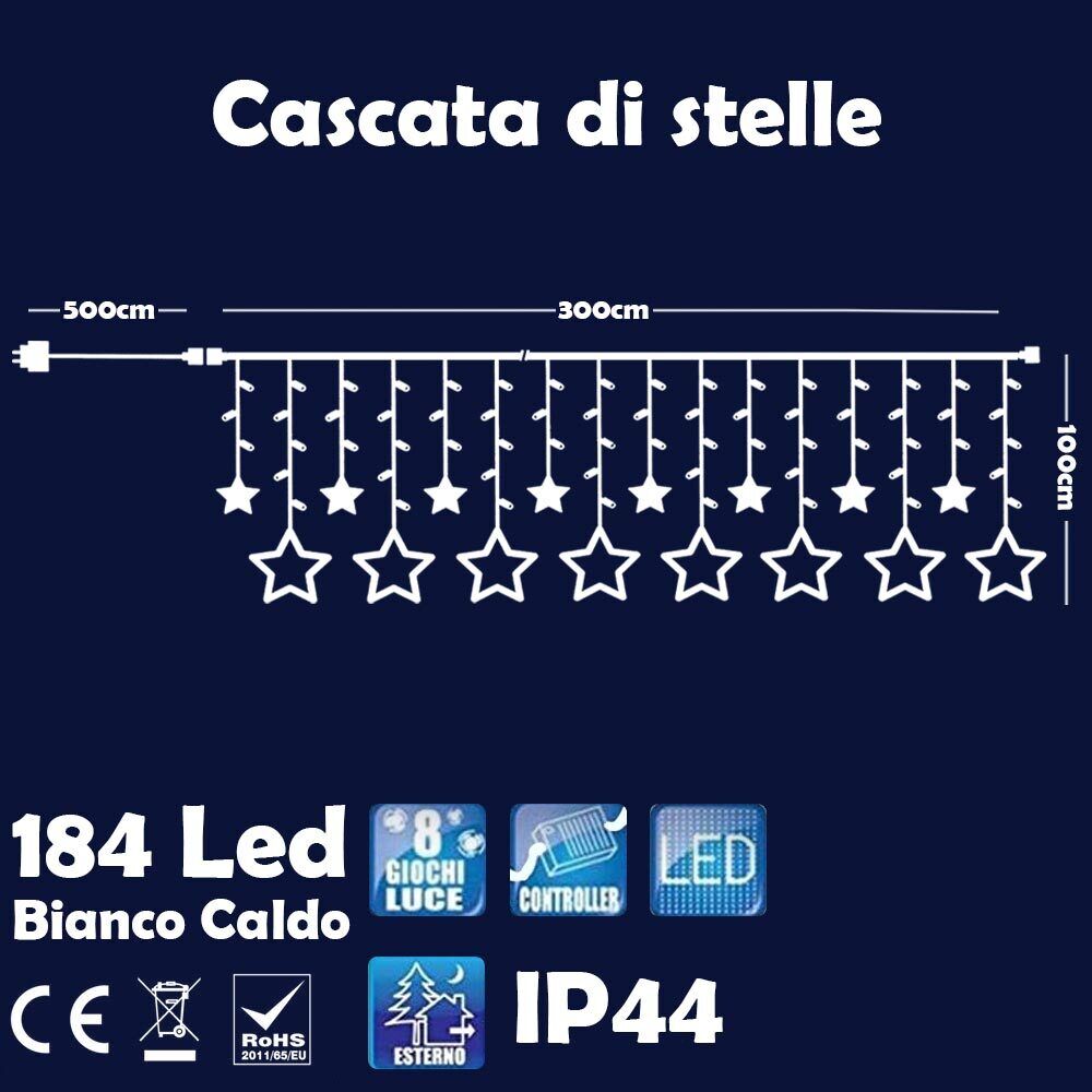 Tenda Luminosa Natalizia 184 LED cn Stelle Bianco Caldo 3mt Esterno Prolungabile