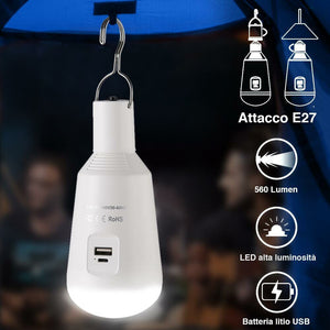 Lampadina a Batteria USB E27 Luce Led Lampada Emergenza Campeggio con Powerbank