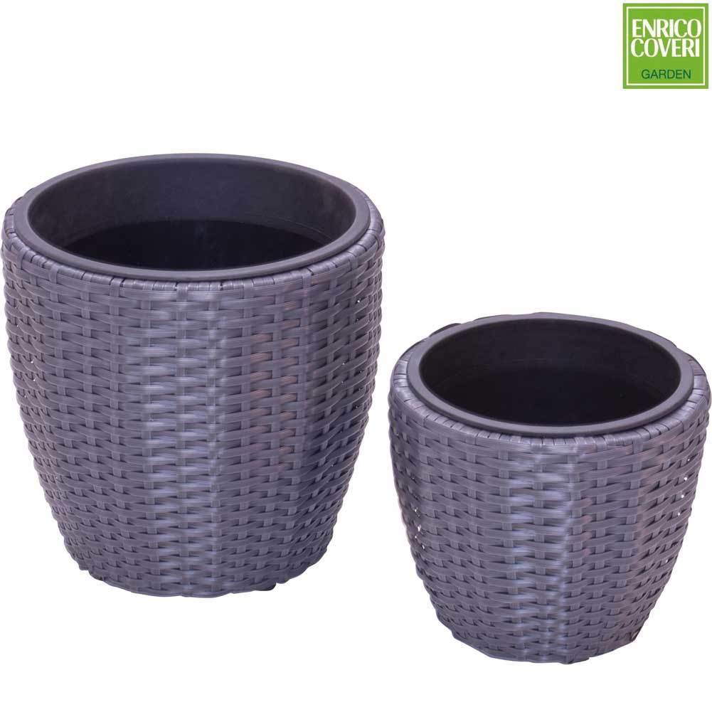 Set 2 CASPO' Vasi Portapiante Intreccio in Polyrattan per Esterno Colore Grigio