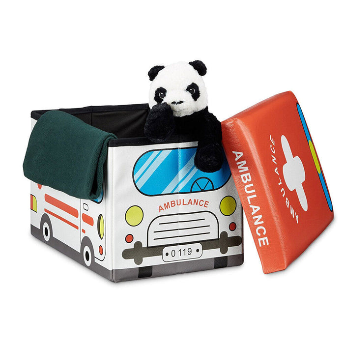 Pouf Contenitore Pieghevole Macchina Ambulanza Porta Giocattoli Bambini 49x31cm