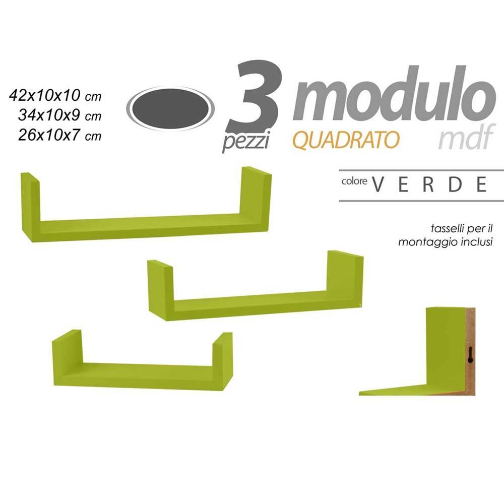 Set 3 Mensole da Parete Moderne Design con Bordi Mensola Scaffale Legno Verde