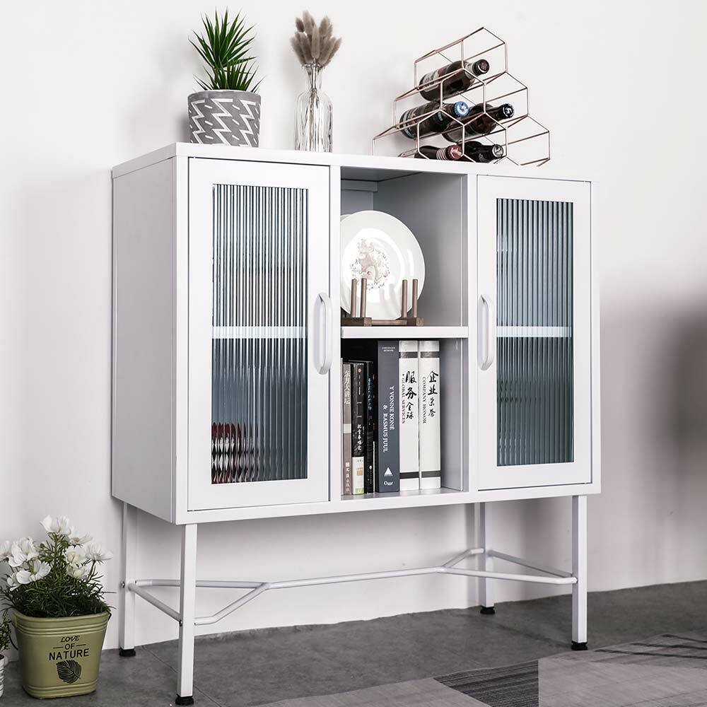 Mobile Madia con 2 Ante Mobiletto Credenza Design Moderno Metallo Vetro Bianco