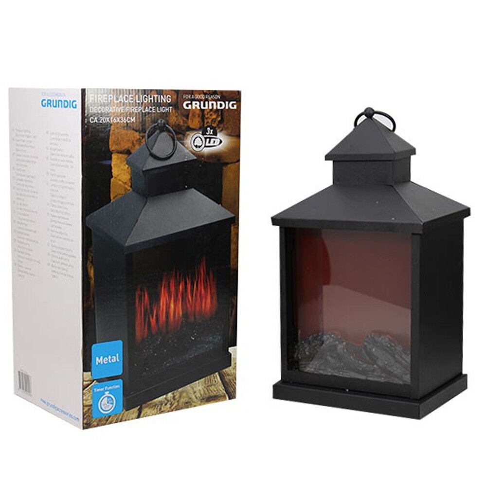 Lampada da Tavolo Lanterna 3 Led Effetto Fuoco 36 CM Camino - Timer Grundig Nero