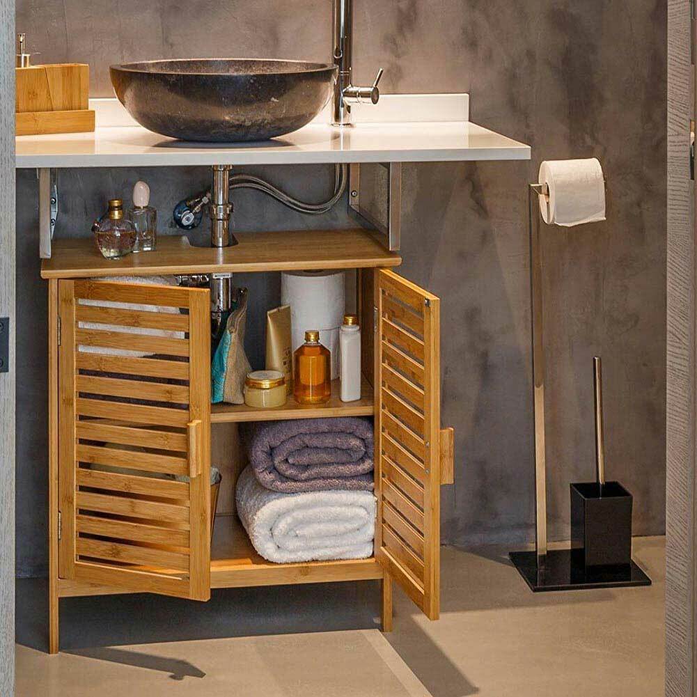 Mobile Bagno 2 Ripiani e Doppia Anta Chiusura Magnetica Legno Bambu' 60x30x62cm