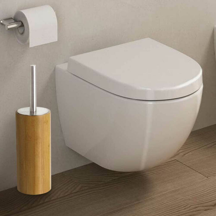 Portascopino Bagno con Spazzolone WC Cilindro in Legno di Bambu e Metallo 35cm